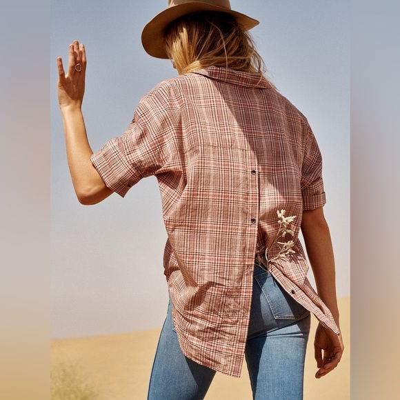 Madewell Plaid Button Back Shirt Pink Black Red Size M - Picture 2 of 7